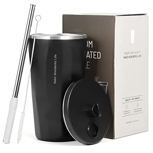 Produktbild: Olerd Edelstahl Kaffeebecher mit Deckel, 600ML Thermobecher mit strohhalm, Teebecher Reisebecher, Doppelwandig Isoliert Auslaufsicher Coffee to go Becher(Schwarz