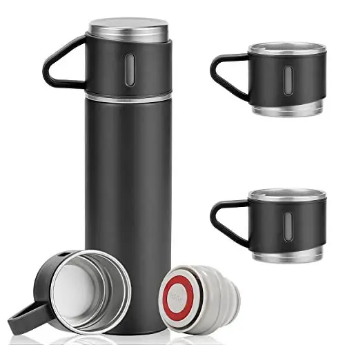 Produktbild: Olerd Thermosflasche Edelstahl Trinkflasche Geschenk Set, 500ML Isolierflasche mit 3 Trinkbecher, Auslaufsicher Wasserflasche für Kaffee, Tee, hält 6 Stunden Heiß und Kalt (Schwarz)