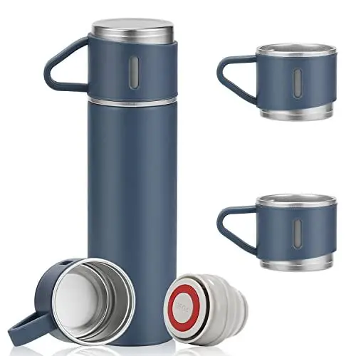 Produktbild: Olerd Thermosflasche Edelstahl Trinkflasche Geschenk Set, 500ML Isolierflasche mit 3 Trinkbecher, Auslaufsicher Wasserflasche für Kaffee, Tee, hält 6 Stunden Heiß und Kalt (Blau)