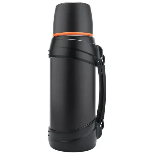 Produktbild: Olerd Thermosflasche Thermoskanne 2.0L, Isolierkanne Edelstahl Trinkflasche, Isolierflasche mit 2 Trinkbecher, Doppelwandisolierung Camping Wasserflasche, 24h Heiß & Kalt (Schwarz)