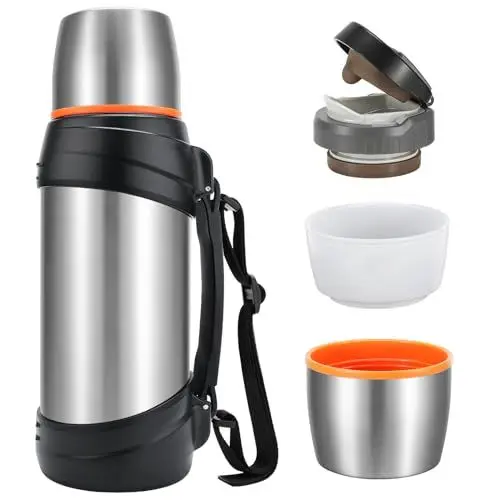 Produktbild: Olerd Thermosflasche Thermoskanne 2.0L, Isolierkanne Edelstahl Trinkflasche, Isolierflasche mit 2 Trinkbecher, Doppelwandisolierung Camping Wasserflasche, 24h Heiß & Kalt (Silber)