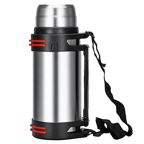 Produktbild: Olerd Thermosflasche Thermoskanne 3.0L, Isolierkanne Edelstahl Trinkflasche, Isolierflasche mit 2 Trinkbecher, Doppelwandisolierung Camping Wasserflasche mit Schultergurt und Handle, 24h Heiß & Kalt