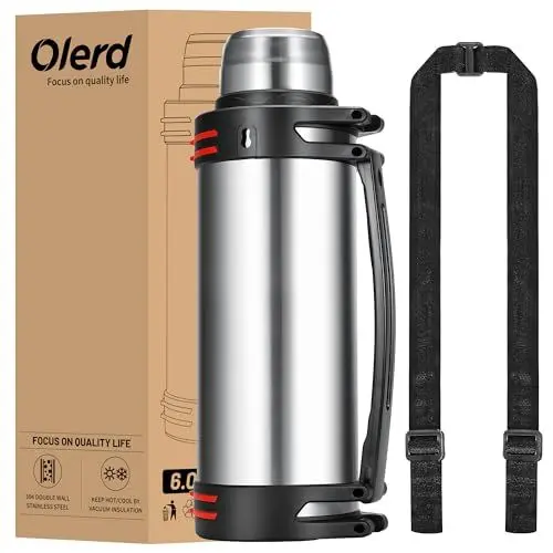 Produktbild: Olerd Thermosflasche Thermoskanne 6.0L, Isolierkanne Edelstahl Trinkflasche, Isolierflasche mit 2 Trinkbecher, Doppelwandisolierung Wasserflasche mit Schultergurt und Handle, 24h Heiß & Kalt(Silber)