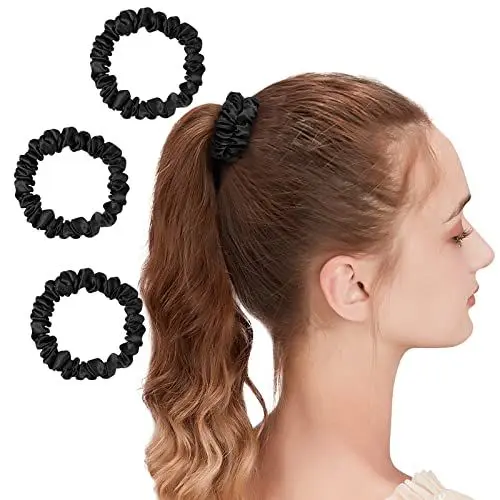Produktbild: OLESILK 3er-Set 100% Seide Haargummis Kleine Scrunchies Haarschmuck Zopfgummi Haare Ringe Elastische Haarbänder Gummibänder 3 Stücke, Schwarz