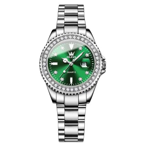 Produktbild: OLEVS Armbanduhr Damen Klassisches Silberne Edelstahl Analoger Quarz Uhr Großes Gesicht Grün Zifferblatt Luxus Diamant Damenuhr Eleganz Wasserdicht Leuchtend mit Datum Damen Uhren
