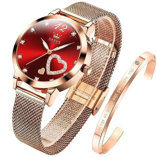 Produktbild: OLEVS Damenuhr Roségold mit Herz Diamant Rot Gesicht Quarz Armbanduhr Wasserdicht Gürtel Armreif Set