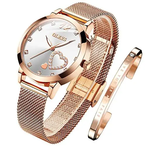 Produktbild: OLEVS Damenuhr Roségold mit Herz Diamant Weiße Gesicht Quarz Armbanduhr Wasserdicht Gürtel Armreif Set