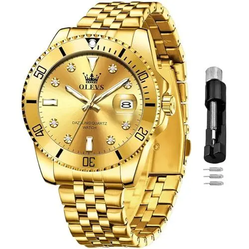 Produktbild: OLEVS Gold Herren Armbanduhr Edelstahl Luxus Wasserdicht Uhren für Männer mit Datum Mode Leuchtende Analog Uhren Herren Metallarmband Business Kleid Herrenuhr Geschenke