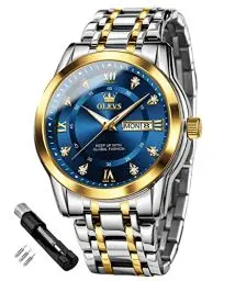 Produktbild: OLEVS Herrenuhren Gold Blau Edelstahl Uhr Männer mit Diamant Gesicht Quarz Wasserdicht Lässige Elegante Armbanduhr Geschenk