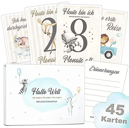 Produktbild: OLGS Meilensteinkarten Baby Junge, 45 Meilenstein Karten für Kinder zur Geburt, Taufe, Babyparty | Milestone Geschenkset mit Geschenkbox für Neugeborene Babys