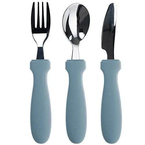 Produktbild: OLGS Silikon Besteck Edelstahl Kinderbesteck 3-teilig | Esslernbesteck, Babybesteck, Babylöffel Baby Gabel Löffel Esslernlöffel Ether | Lernlöffel, Babygabel Kindergeschirr Fütterungslöffel für Kinder