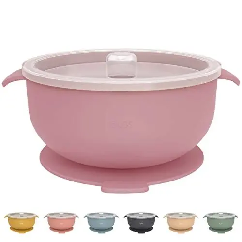 Produktbild: Olgs Silikonschüssel mit Deckel & Saugnapf für Baby und Kinder | Breischale rutschfest Rosa | Kindergeschirr Silikon Schüssel für Mädchen | BPA-frei, Spülmaschinenfest (Power Rose)
