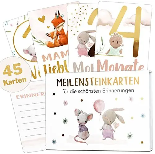 Produktbild: Olgs Baby 45 Meilensteinkarten Mädchen Gold Meilenstein Karten Set, Erinnerungskarten, Monatskarten 1-12 Monate, Milestones, Geschenkidee zur Geburt Taufe, Babyparty, Babyshower