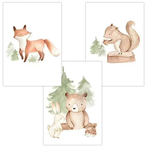 Produktbild: Olgs Babyzimmer Bilder 3er Set | Kinderzimmer Deko Poster DIN A4 | Wandbilder Premium | Tiere Wandposter Mädchen, Junge | Waldtiere: Fuchs, Hase, Bär, Igel, Eichhörnchen