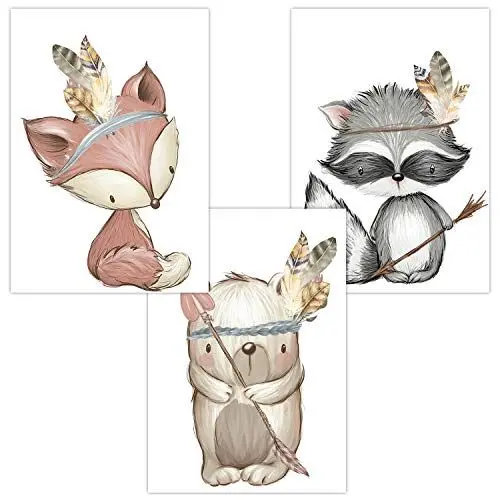 Produktbild: Olgs Kinderzimmer 3er Bilder Set | Deko Poster | Mädchen Junge Wandposter DIN A4 | Wanddeko für Babyzimmer Dekoration | Wandbilder Tiere Fuchs Waschbär Bär Waldtiere Boho