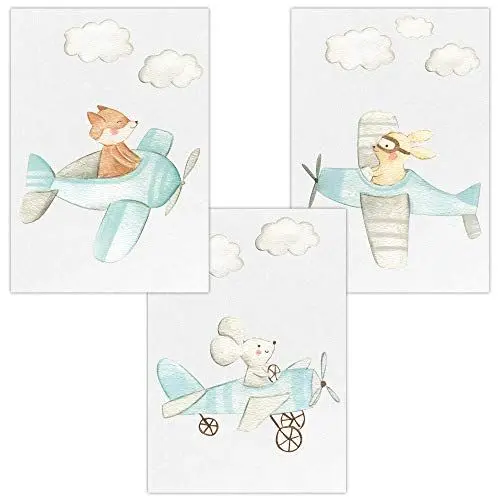 Produktbild: Olgs Kinderzimmer 3er Poster Bilder Set | Deko Wandbilder | Piloten Wolken Bilder Wandposter DIN A4 | Tiere Fuchs, Maus, Hase Wanddeko für Babyzimmer