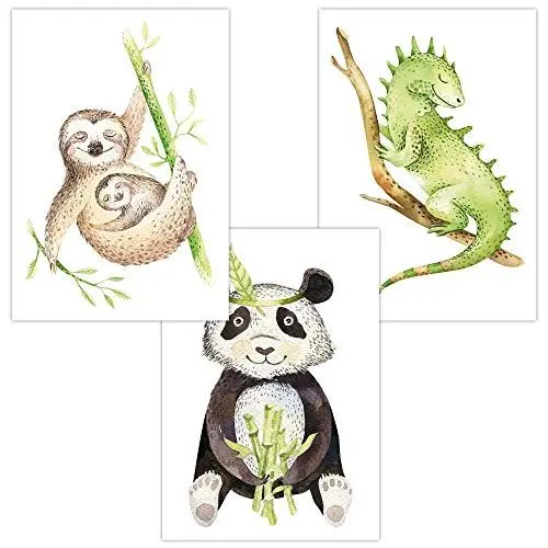 Produktbild: Olgs Kinderzimmer 3er Poster Bilder Set | Deko Wandbilder | Tropical Bilder Wandposter DIN A4 | Tiere Faultier, Panda, Chamäleon | Wanddeko für Babyzimmer