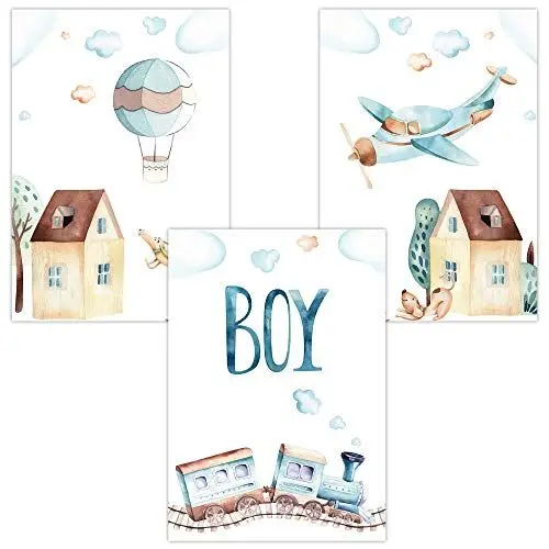 Produktbild: Olgs Kinderzimmer Bilder Poster 3er Set | Tiere Bilder Wandbilder Junge | Deko Wandposter für Babyzimmer DIN A4 Premium | Boy Heißluftballon Zug Flugzeug Wolken