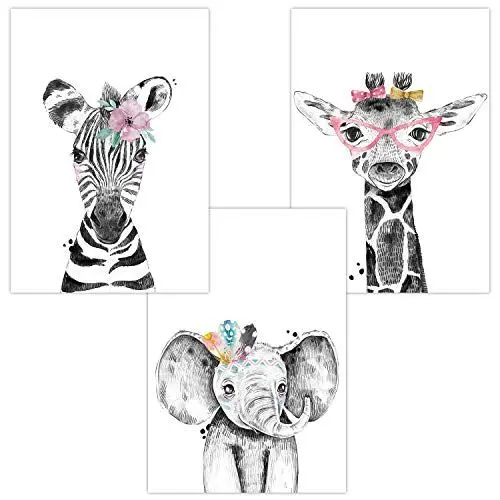 Produktbild: Olgs Wandbilder 3er Set für Babyzimmer Deko Poster | Dekoration Kinderzimmer | Kunstdruck DIN A4 für Safari Tiere für Mädchen (Zebra Elefant Giraffe Brille)