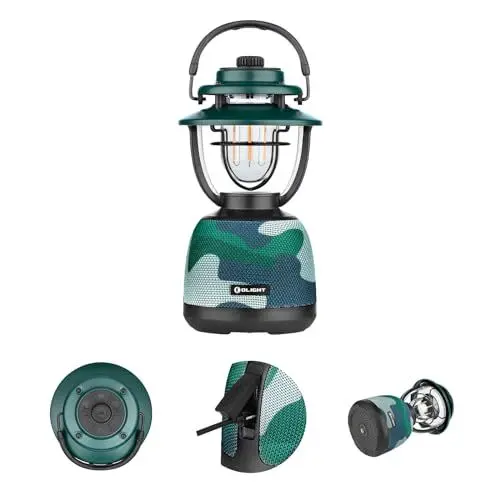 Produktbild: OLIGHT Olantern Music Campinglampe 2 in 1 Design mit Licht und Stereoanlage, LED Lanterne Retro mit 300 LM dualer Stufenlos Dimmbare Lichtquelle, Campingleuchte für Camping, Party, Dekoration Camou