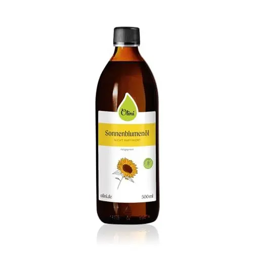 Produktbild: Olini Sonnenblumenöl 500 ml Immer Frisch Gepresst Kalt Gepresst bis zu 40°C Natürliches Öl Unraffiniert Geschmack nach Frischen Sonnenblumenkernen eine Ergänzung Ihrer Küche Glasflasche