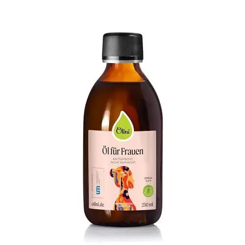 Produktbild: Olini Öl für Frauen aus Leinöl, Nachtkerzenöl und Olivenöl Frische Glasflasche 250 ml Kaltgepresst, unraffiniert, ungereinigt Reich an ungesättigten Fettsäuren an Omega-6, Omega-3