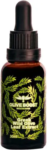 Produktbild: Olive Boost - Olivenblattextrakt, 100% natürlich, hergestellt in Griechenland, ohne Zusatzstoffe, reich an Polyphenolen und Antioxidantien, hochdosiert, flüssig