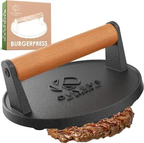 Produktbild: Oliver's Kitchen® Burgerpresse - Hamburgerpresse - Set aus Premium Gusseisen für leckere Hamburger - Mache kinderleicht perfekte Burger, Patties, BBQ - Burger Presse für BBQ- & Grillmeister