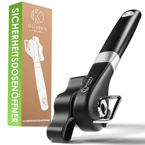 Produktbild: Oliver's Kitchen ® Dosenöffner - Rostfreier Edelstahl - Schwarz Sicherheitsdosenöffner - & Deckelöffner - Komfortabler rutschfester Griff - Müheloses Öffnen von Dosen