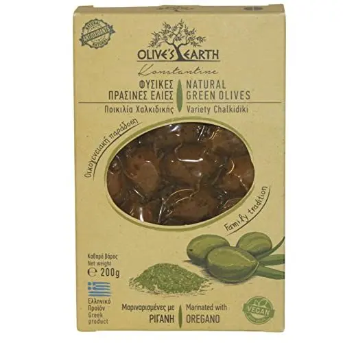 Produktbild: Olive's Earth Griechische Grüne Oliven mit Stein aus Chalkidiki Mariniert mit Griechischem Oregano, 4er Pack x 200g (Insgesamt: 800g)