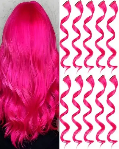 Produktbild: Olldag 10 Stück Heißes Rosa HaarverläNgerungen, Lockige Gewellte Synthetische Haarteile Clip in Regenbogen Neon Party Highlights, Bunte Haare ZubehöR für Kinder MäDchen Frauen 17 Zoll