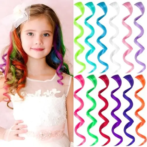 Produktbild: Olldag 12 Stück Farbige HaarverläNgerungen FüR Kinder, Lockige Gewellte Synthetische Haarteile Clip In Regenbogen Neon Party Highlights, Bunte Haar-Accessoires für MäDchen Frauen 17 Zoll (Mehrfarbige)