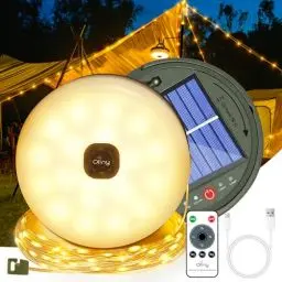 Produktbild: Ollny Camping Lichterkette 10M 100LED, Wasserdicht Tragbare Aufrollbare Lichterkette Außen mit 8 Beleuchtungsmodi,Solar USB Lichterkette für Camping Outdoor Balkon Garten (Mit Fernbedienung,USB-Kabe)