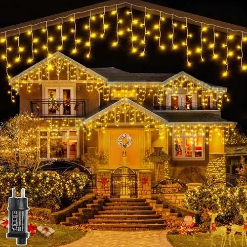 Produktbild: Ollny Eisregen Lichterkette außen warmweiß, 7.3M 216 LED Eisregen Lichterkette außen mit Stecker, wasserdicht Weihnachtsbeleuchtung außen für Balkon Haus Fenster Traufe Vorbau Geländer