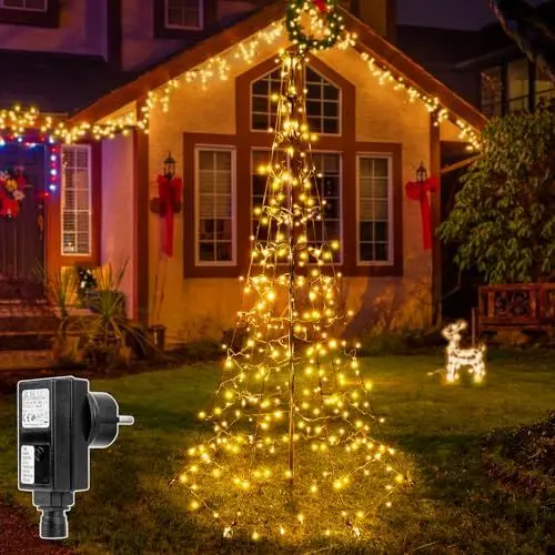 Produktbild: Ollny Lichterkette Weihnachtsbaum 234 LEDs, 1.8 m Weihnachtsbeleuchtung außen mit 8 Modi, IP44 Wasserdicht Weihnachtsbaum Künstlich Schwarz Kabel inkl. Mast und Winddichte Nägel (warmweiß)