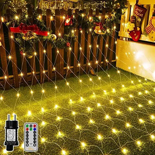 Produktbild: Ollny Lichternetz Außen 3x2m, 200 LED Lichterkette außen Netz warmweiß mit Fernbedienung Timer, Wasserdicht Lichternetz Innen 8 Modi für Büsche Garten Zimmer Balkon