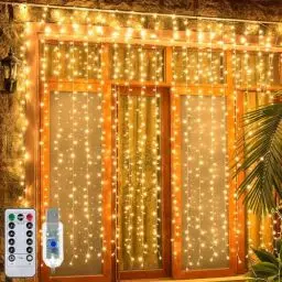 Produktbild: Ollny Lichtervorhang innen aussen, 3x3m 300 LED Lichterkette außen innen USB mit Fernbedienung Timer, dimmbar Lichterketten Vorhang für Fenster Weihnachten Schlafzimmer Wand(warmweiß)