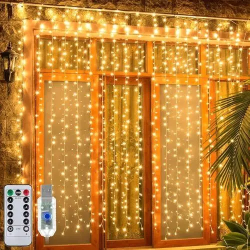 Produktbild: Ollny Lichtervorhang innen aussen, 3x3m 300 LED Lichterkette außen innen USB mit Fernbedienung Timer, dimmbar Lichterketten Vorhang für Fenster Weihnachten Schlafzimmer Wand(warmweiß)