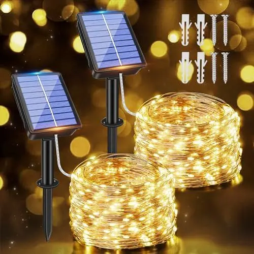 Produktbild: Ollny Solar Lichterkette aussen, 2x10M 100 LED lichterkette außen, 8 Modi IP65 wasserdicht Kupferdraht Lichterkette outdoor für Garten Balkon Terrasse Baum Hof Party (Warmweiß)