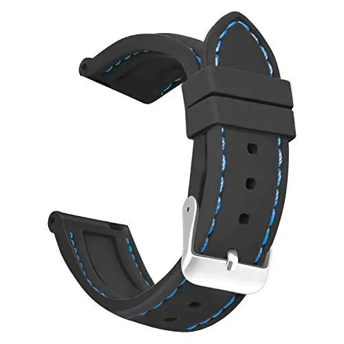 Produktbild: OLLREAR Unisex Silikon Uhrenarmbänder Gebürstete Edelstahl Silber Schnalle 18mm Schwarz Blau Ersatzarmbänder für Herren Damen Wasserdichte weiche Gummi-Ersatzriemen
