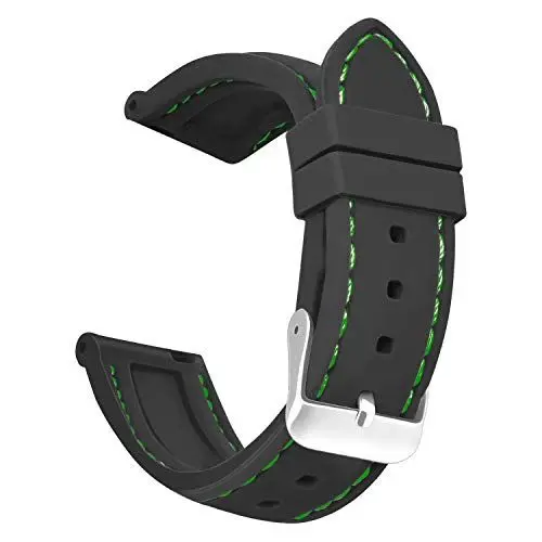Produktbild: OLLREAR Unisex Silikon Uhrenarmbänder Gebürstete Edelstahl Silber Schnalle 20mm Schwarz Grün Ersatzarmbänder für Herren Damen Wasserdichte weiche Gummi-Ersatzriemen