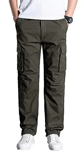 Produktbild: Olmecs Herren Elastische Baumwolle Übergröße Gerade Cargohose mit Taschen Frühling/Herbst Armeegrün M