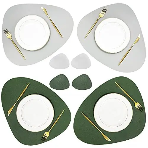 Produktbild: Olrla Tischsets und Untersetzer-Sets 4 PU-Leder, doppelseitige Tischsets rutschfest abwischbar wasserdicht für die Küche Indoor Dining Restaurant Weihnachten Outdoor BBQ (Grün/Grau)