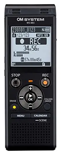 Produktbild: OM SYSTEM WS-883 hochwertiger digitaler Voice Rekorder mit integrierten Stereomikrofonen, Direkt-USB, Rauschunterdrückung, 8 GB interner Speicher, VCVA, schwarz