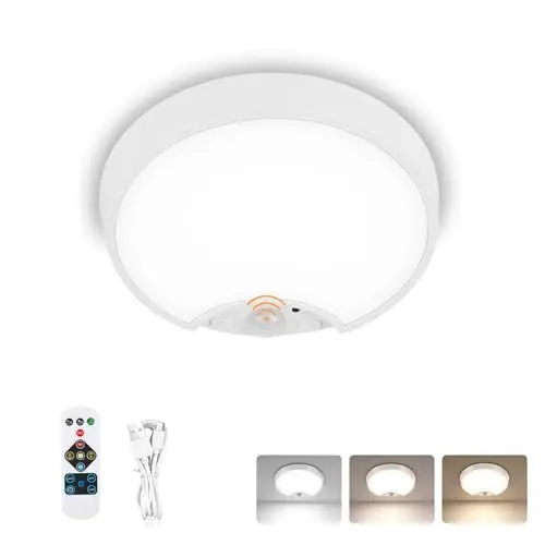 Produktbild: OMECO 3Farben LED Deckenleuchte Flach mit Bewegungsmelder Akku Deckenlampe mit batterie und fernbedienung 200LM 6500K Rund Dimmbar mit 3 Modi Batteriebetrieben für Bad Flur Küche Dachböden Treppe