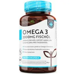 Produktbild: Omega 3 Kapseln hochdosiert 240-2000mg Fischöl Kapseln mit 660mg EPA & 440mg DHA pro Portion - Omega 3 Öl, Reines Fischöl aus nachhaltiger Fischerei - Geprüft/Zertifiziert in Deutschland - Nutravita