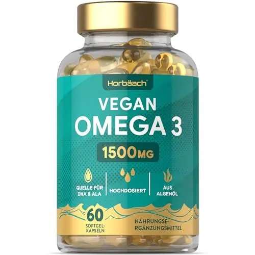 Produktbild: Omega 3 Vegan 1500mg aus Algenöl | 60 Kapseln mit Hochdosiert ALA und DHA pro Portion | von Horbaach