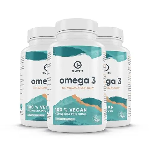Produktbild: Omega 3 Vegan Algenöl Kapseln hochdosiert - 180 leicht schluckbare Kapseln - Nachhaltige pflanzlich basierte Alternative zu Fischöl - 100% veganes Omega-3-Öl - Bekömmlich für den Magen - Omvits
