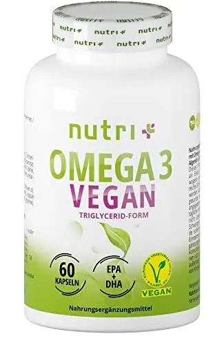 Produktbild: Nutri + Omega 3 Vegan Kapseln - 600 mg DHA 300 mg EPA - 1100 mg essentielle Fettsäuren - hochdosiert + pflanzlich - Algenöl ohne Fischöl & Gelatine