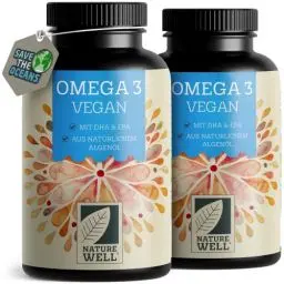 Produktbild: Omega-3 Vegan 180 Kapseln hochdosiert, 2000mg Omega-3 Algenöl pro Tag mit 600mg DHA & 300mg EPA, veganes Omega-3 aus nachhaltigem Anbau als Fischöl-Alternative, laborgeprüft mit Zertifikat, NatureWell